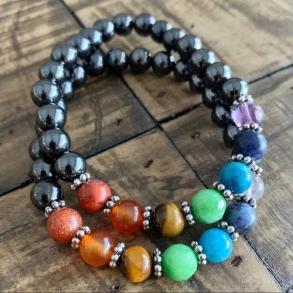 goddess zodiac Other - 2pc 7 Chakra Hematite Stretch Bracelet